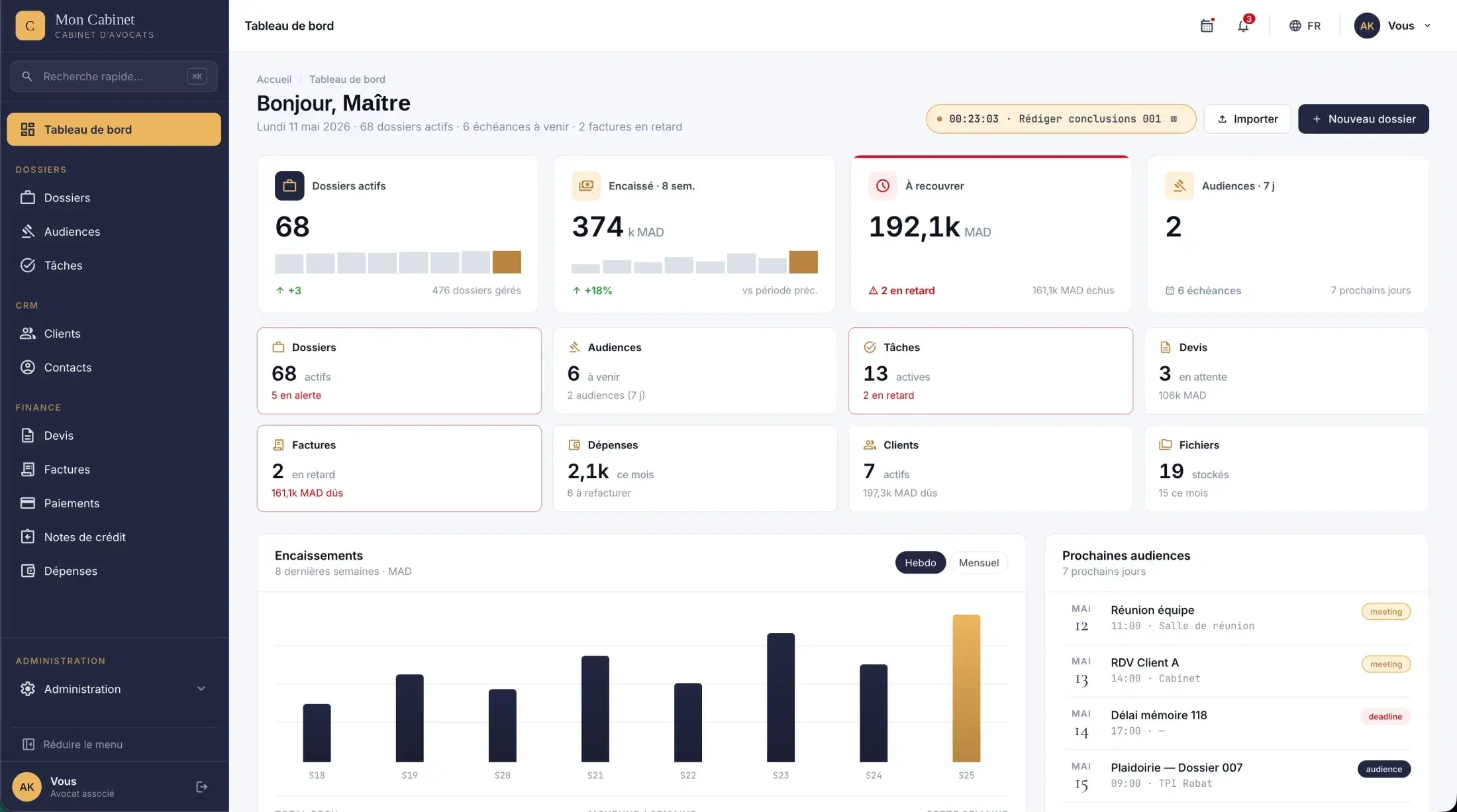 Tableau de bord e-avocat — encaissements, audiences à venir et alertes du cabinet